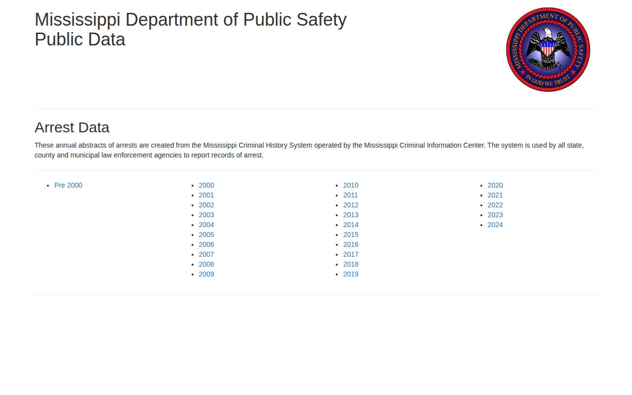 Mississippi Department of Public Safety public arrest data interface